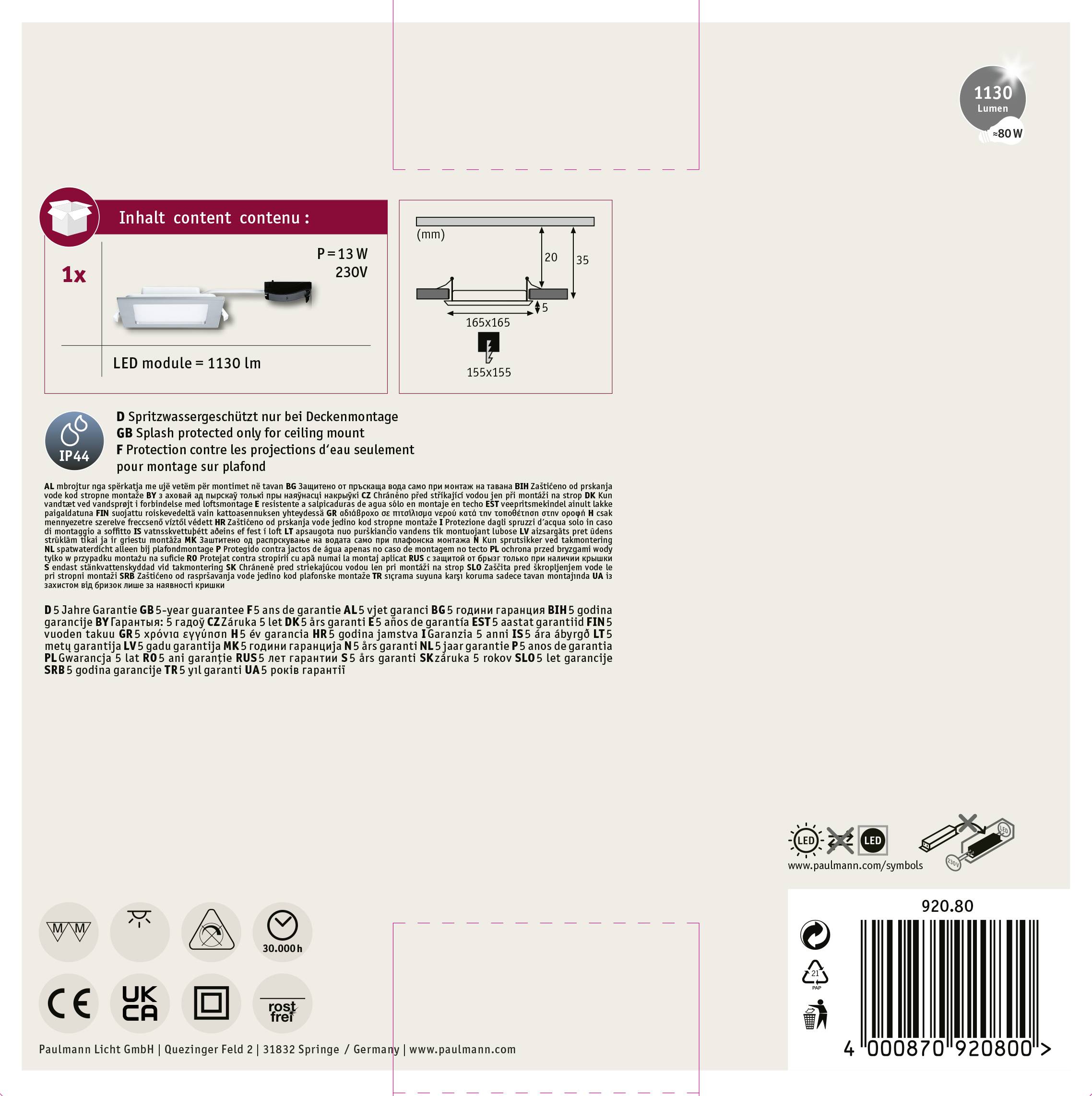 Paulmann LED-Bad-Einbauleuchte LED LED fest eingebaut 12W IP44 Chrom (matt)