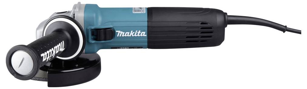 Eine elektrische Winkelschleifemaschine mit einem schwarz-türkisfarbenen Gehäuse, schwarzem Griff und Netzkabel, auf dem der Markenname 'Makita' am Griff angebracht ist.