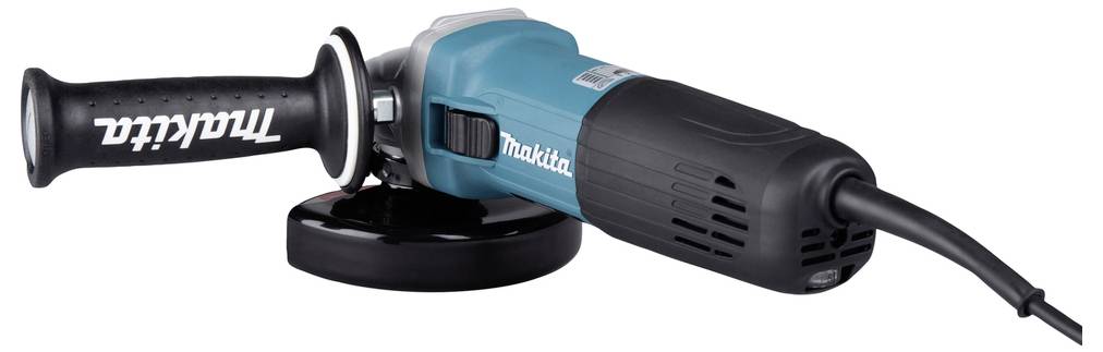 Ein blau und schwarz gefärbter elektrischer Winkelschleifer mit einem Seitengriff, mit der Aufschrift 'Makita', der auf einem weißen Hintergrund dargestellt ist.