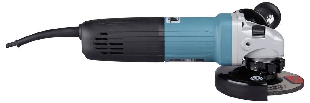 Elektrischer Winkelschleifer mit blauem und schwarzem Gehäuse, belüftetem Griffhandgriff und Trennscheibe. Verwendet zum Schleifen oder Schneiden von Metall und Mauerwerk.