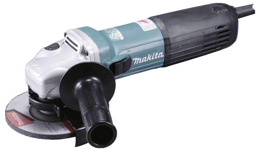 Makita Winkelschleifer mit schwarzem Griff und Scheibenbefestigung, verwendet zum Schneiden und Schleifen von Materialien.
