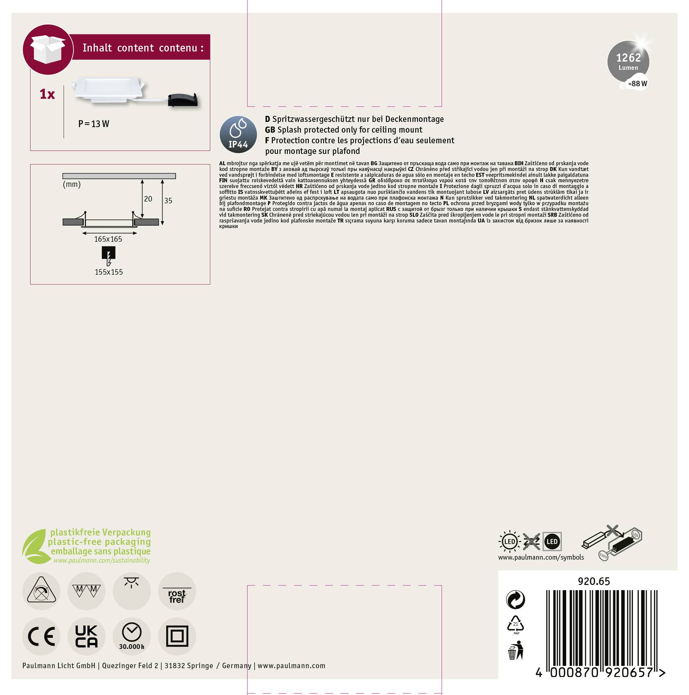 'P4285 Einbauset 1x P=13W Modula Square c1 f1.' Visuelle Anleitung für Deckeneinbau. Umrissgrafik und technische Informationen.