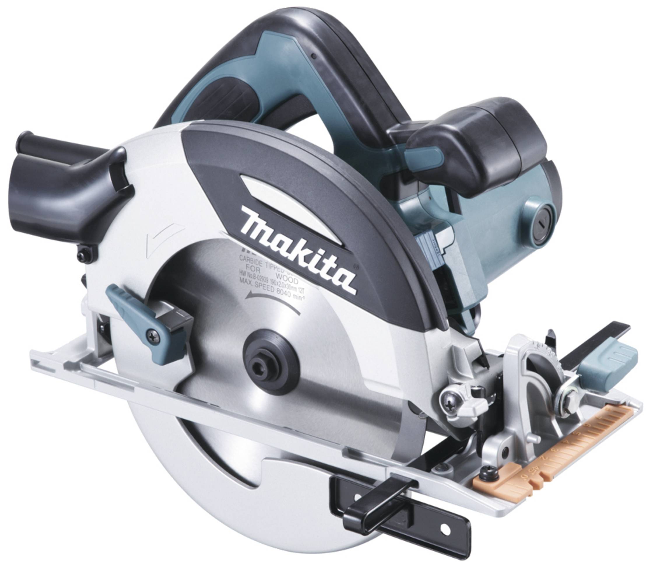 Elektrische Kreissäge von Makita mit silbernem Gehäuse, schwarzem Griff und Schutzblende. Sie eignet sich zum Schneiden von Holz.