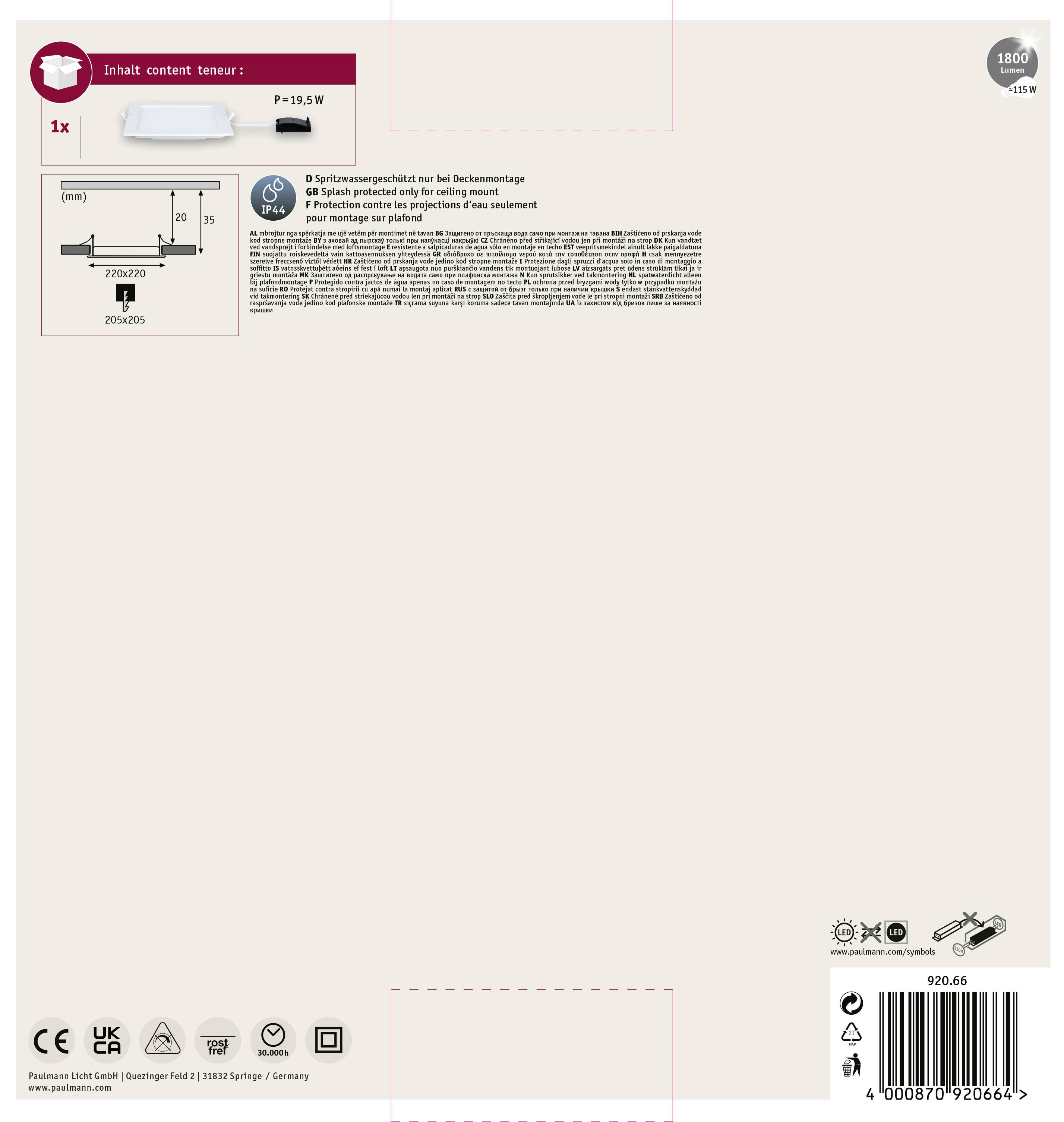 Produktverpackung einer Deckenleuchte, Modell P-218 W. Abbildung der Leuchte mit Maßen 225x55mm. QR-Code und Montagehinweise.