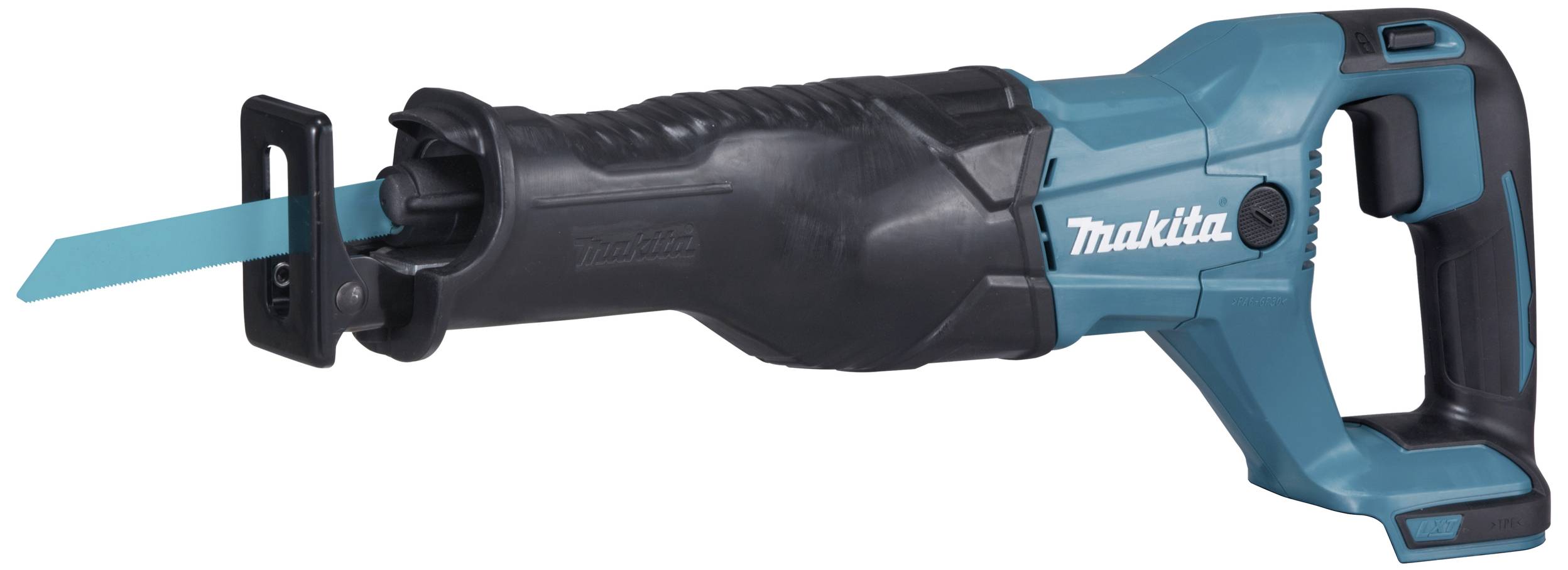 Blaue und schwarze elektrische Säbelsäge mit einer langgestreckten Klinge und ergonomischem Griff, geeignet für Bauarbeiten.