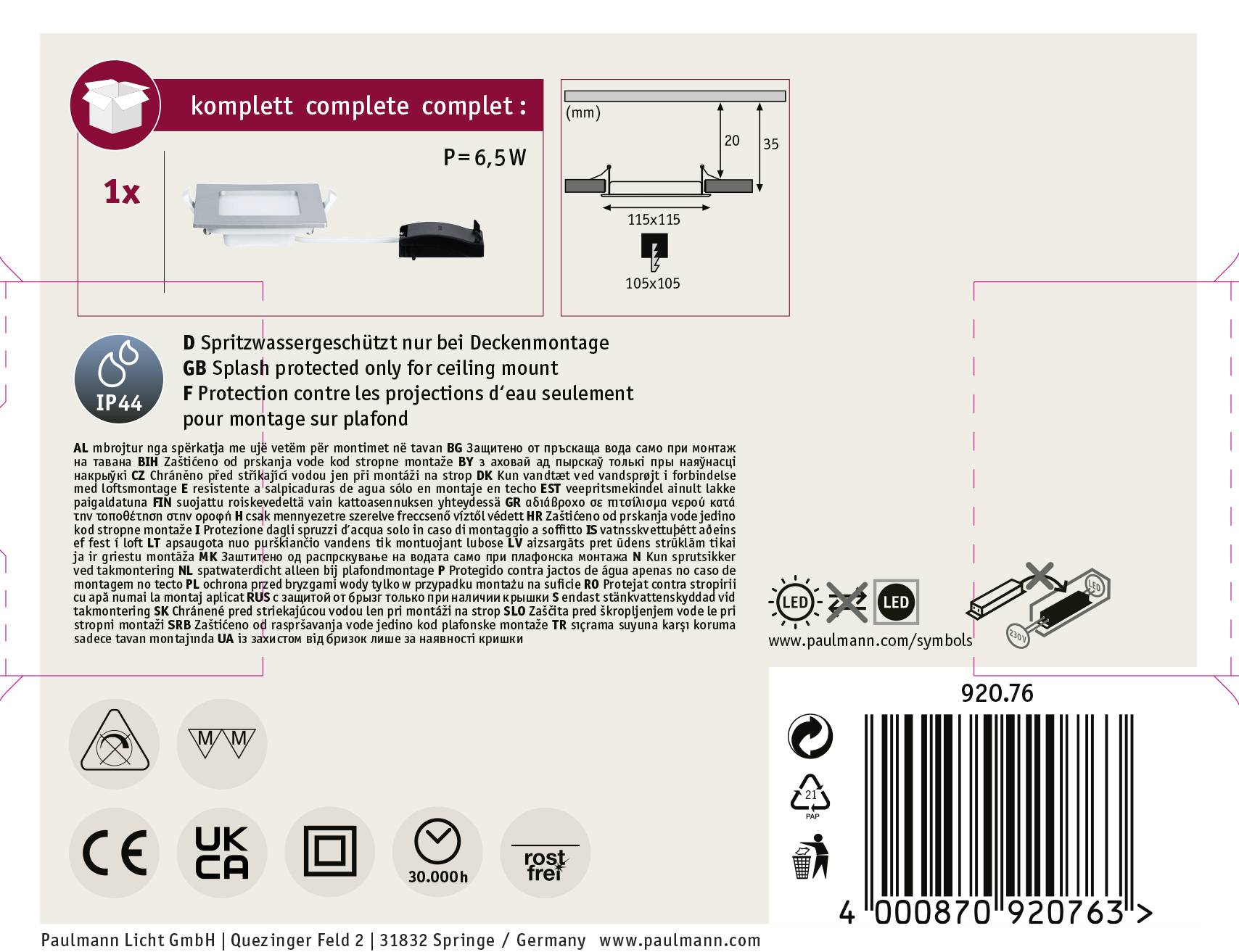 Paulmann LED-Bad-Einbauleuchte LED LED fest eingebaut 6W IP44 Chrom (matt)