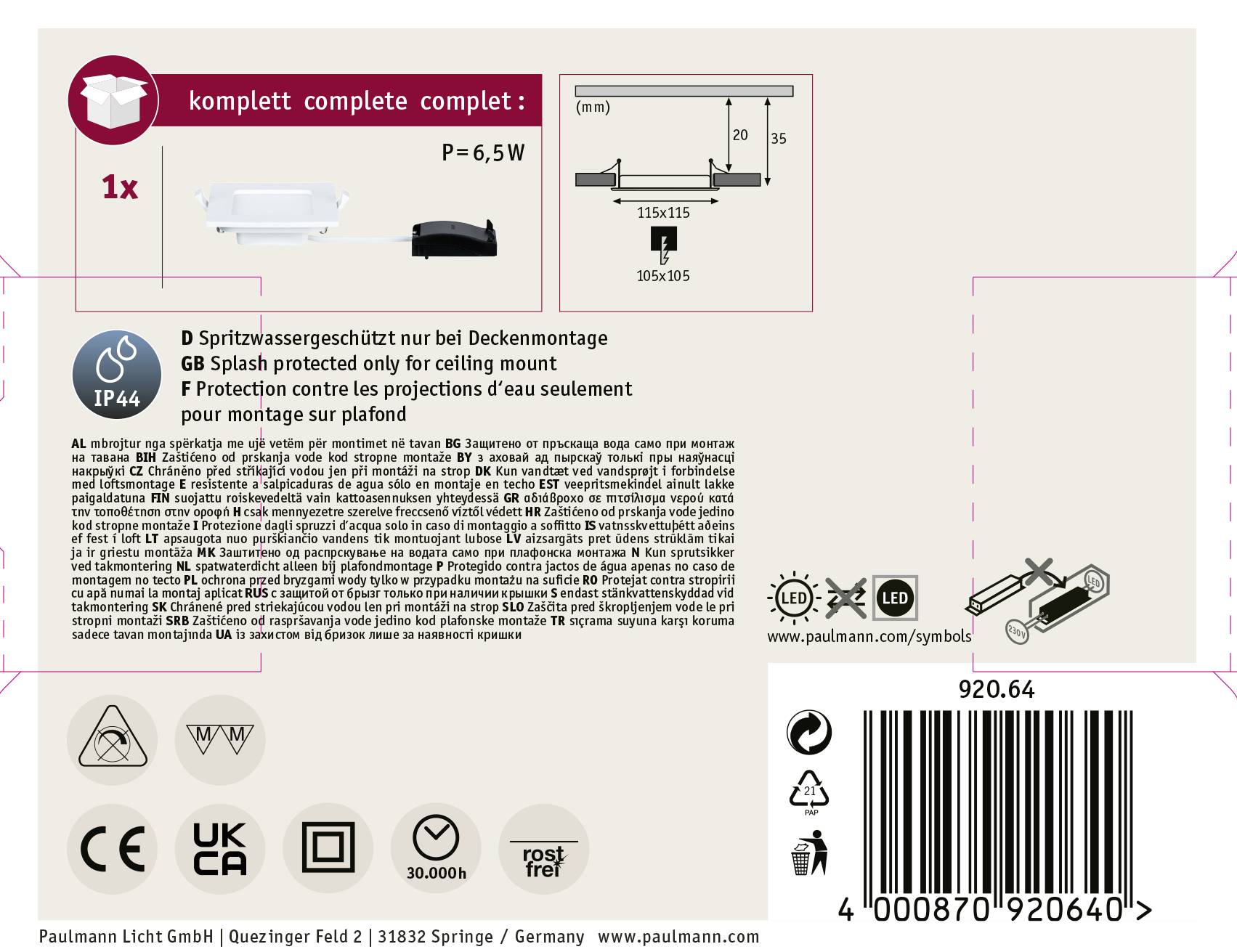 Paulmann LED-Bad-Einbauleuchte LED LED fest eingebaut 6W IP44 Weiß