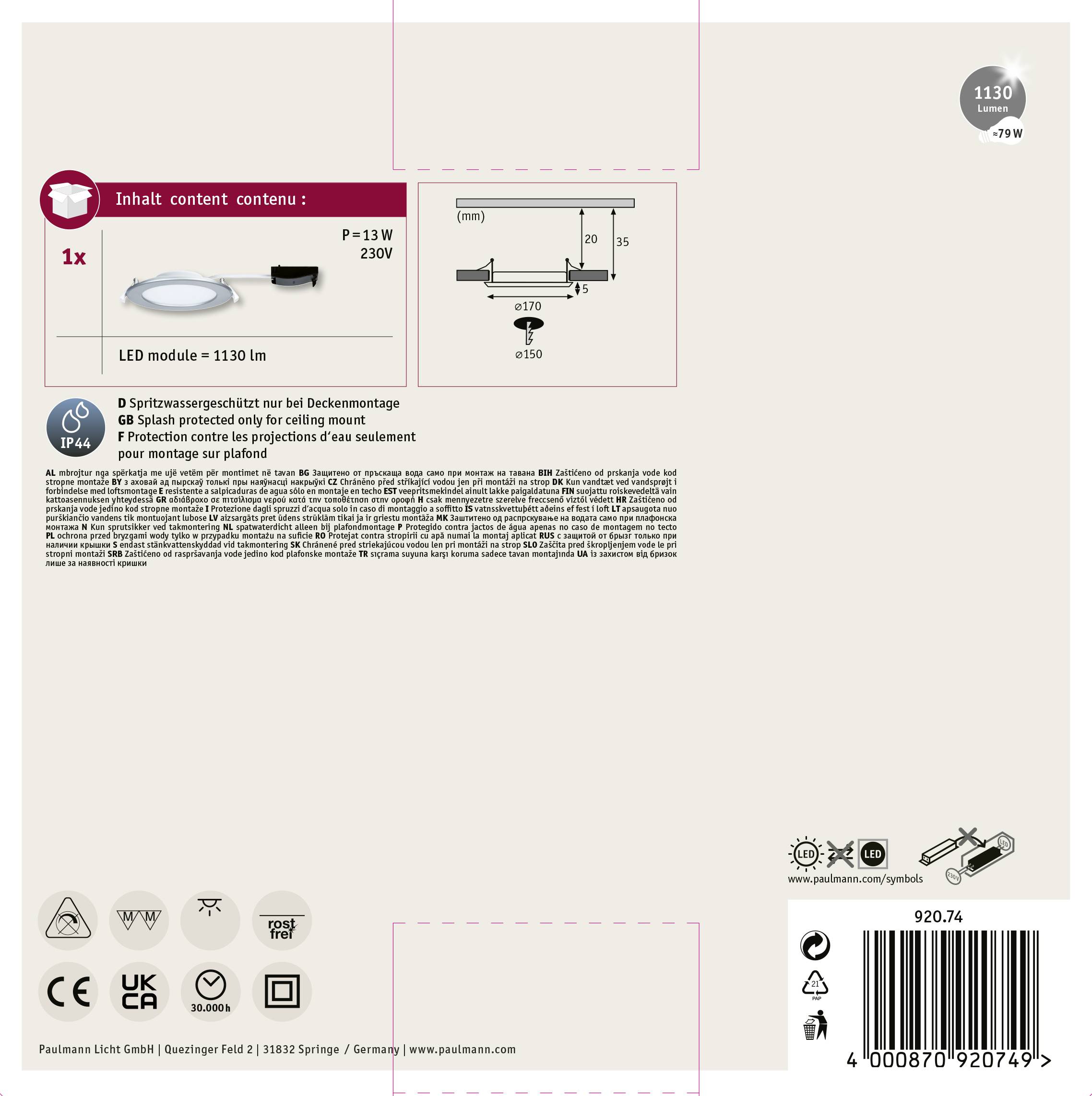Paulmann 92074 LED-Bad-Einbauleuchte 12W Warmweiß Chrom