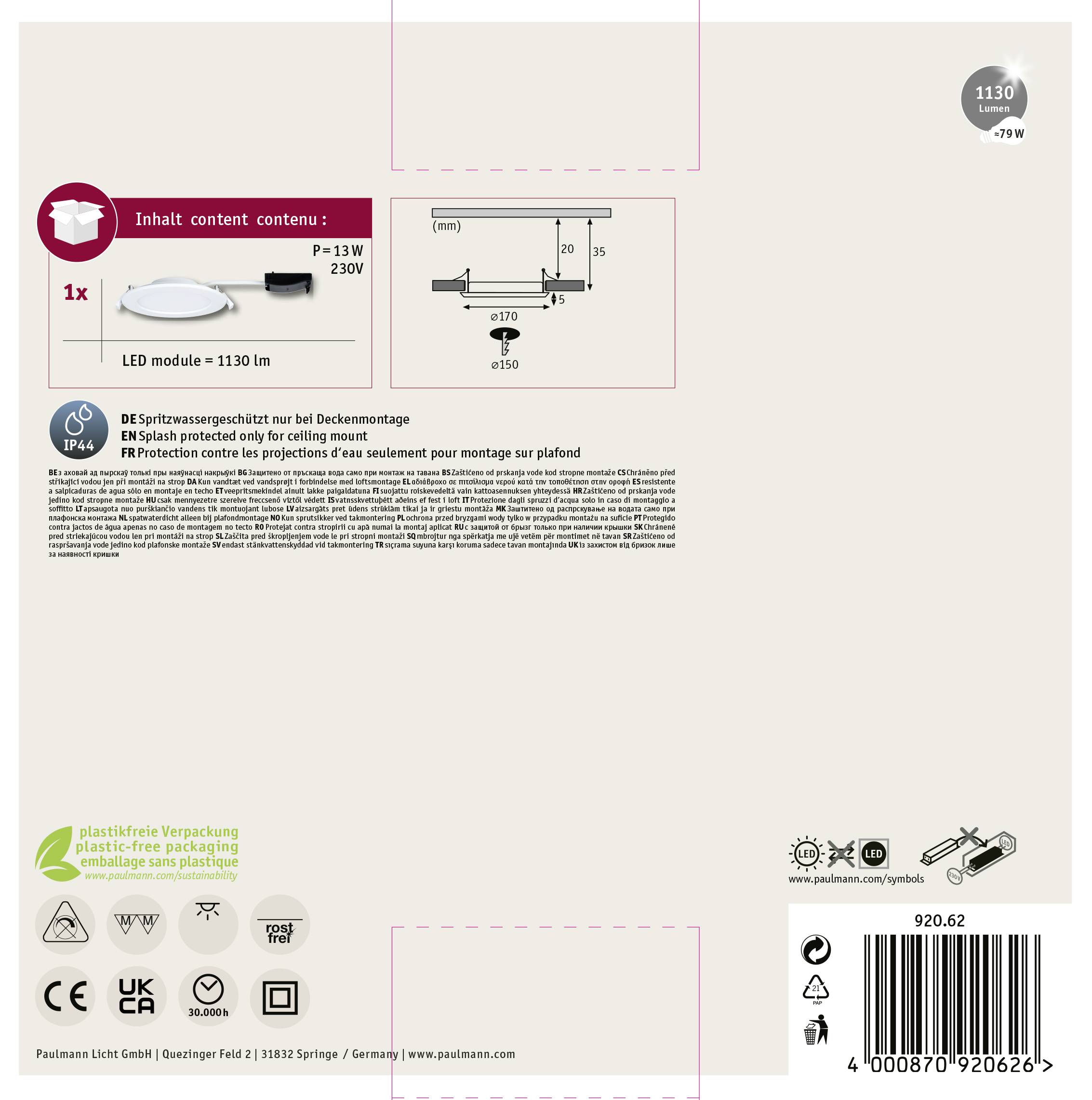 Paulmann 92062 LED-Bad-Einbauleuchte 12W Warmweiß Weiß