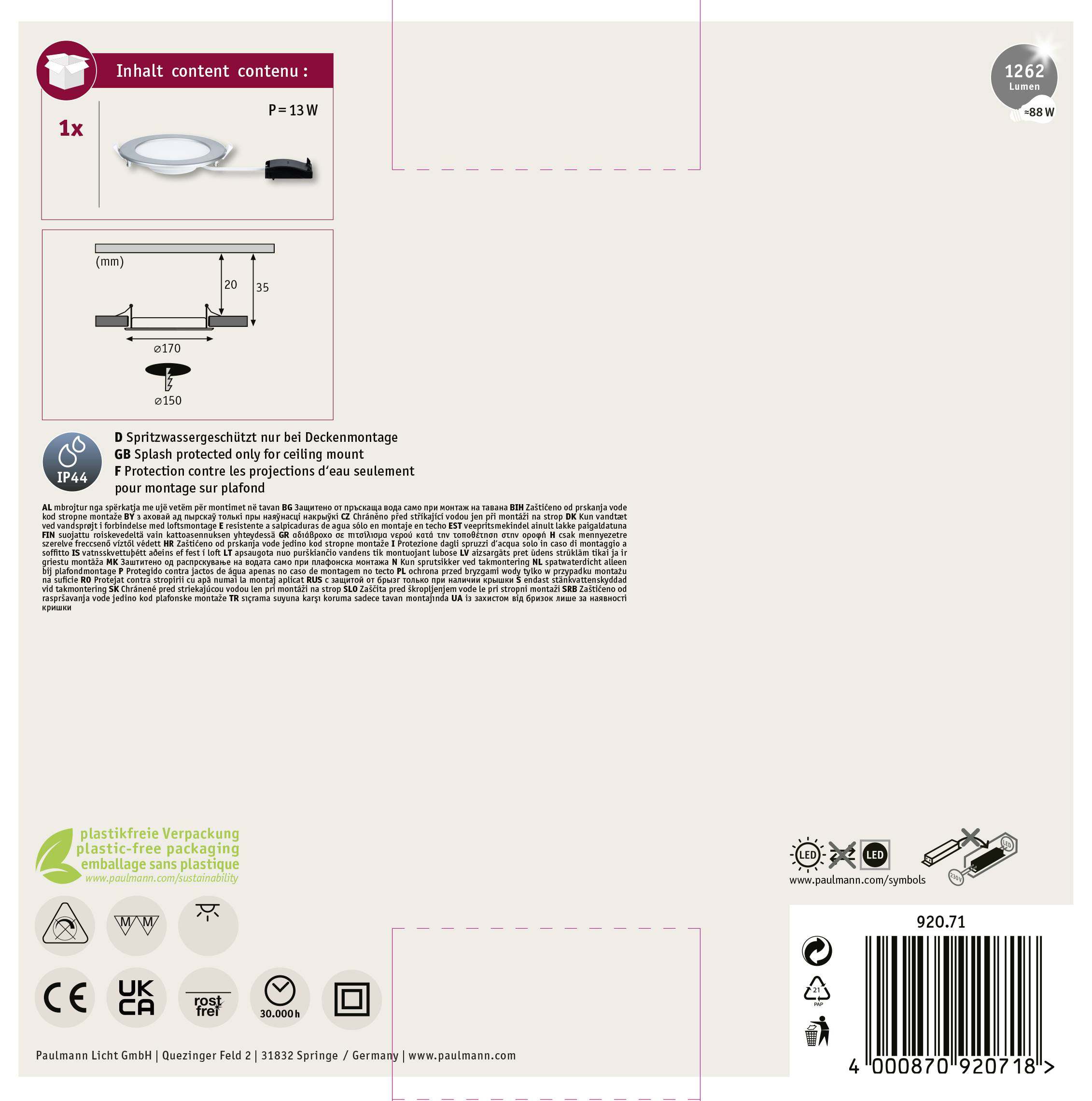 Paulmann 92071 LED-Bad-Einbauleuchte 12W Neutralweiß Chrom