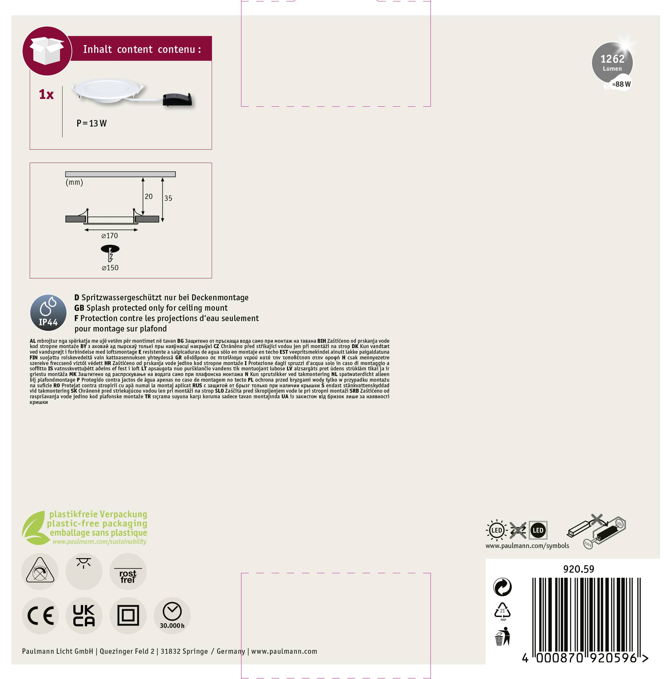 LED Panel 13W, spritzwassergeschützt, Deckenmontage. Abmessungen Diagramm: Ø110mm. Verpackungsmaterial recyclebar.