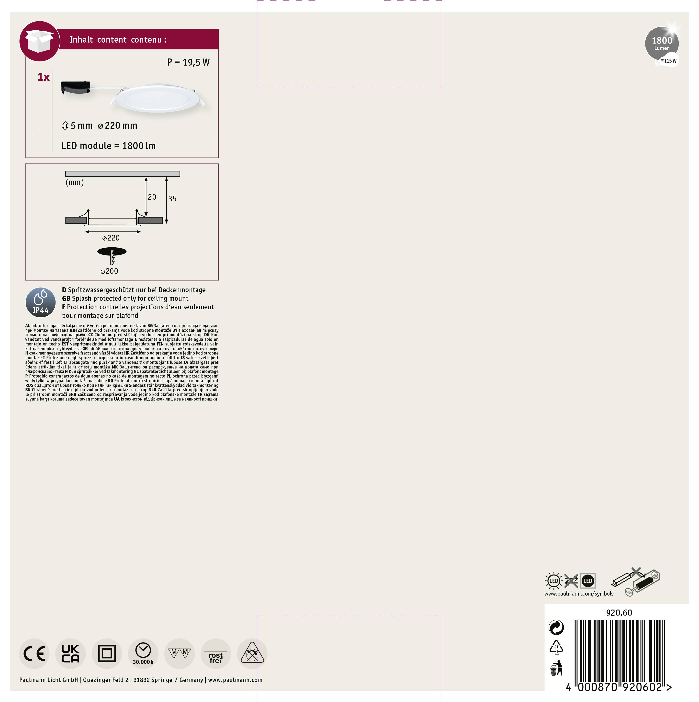 Paulmann 92060 LED-Bad-Einbaupanel 18W Neutralweiß