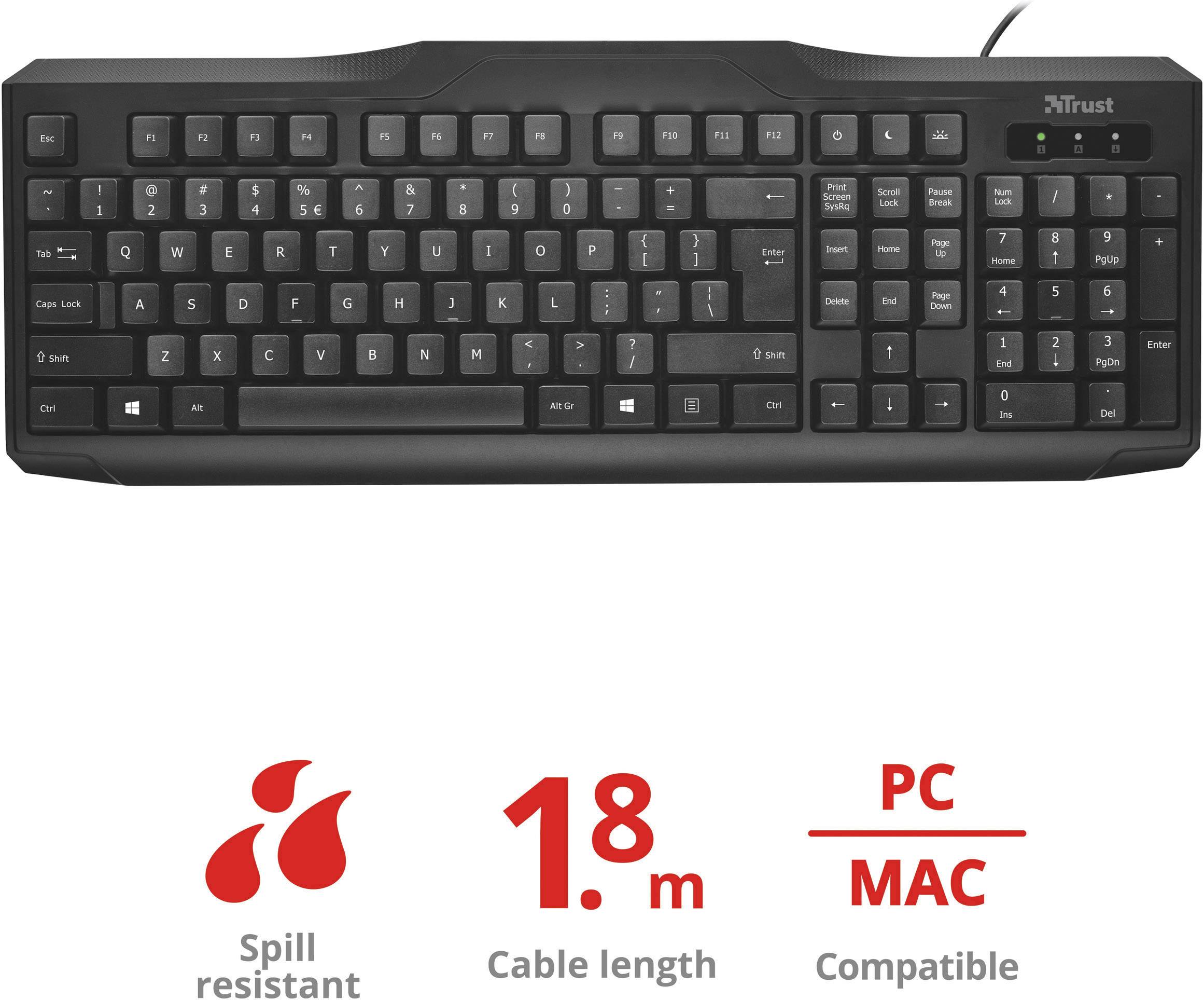 Trust ClassicLine USB Tastatur Deutsch, QWERTZ, Windows® Schwarz Spritzwassergeschützt