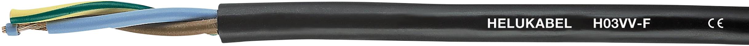 Schwarz ummanteltes Kabel mit drei unterschiedlich farbigen Adern, beschriftet mit 'HELUKABEL H05VV-F'.