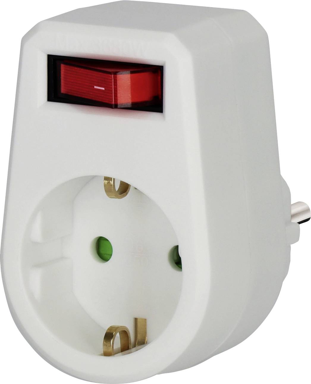 Weißer Stecker-Steckdosenadapter mit rot beleuchtetem Schalter und rundem Sockel, mit grüner Erdungsanzeige.