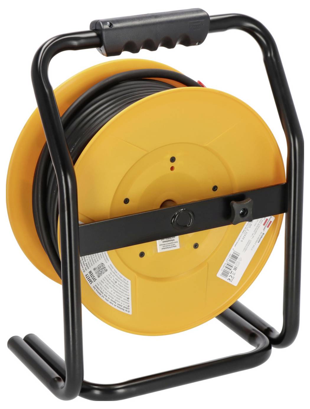 Orangene Kabelrolle auf einem schwarzen Metallgestell, mit aufgewickeltem Stromkabel für tragbare elektrische Verwendung.
