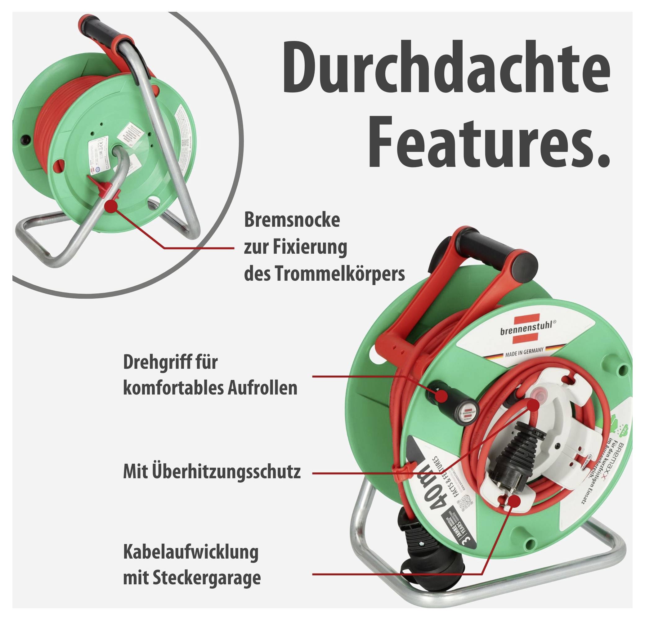 Werbegrafik einer Kabeltrommel mit der Überschrift 'Dachte Features.'; markiert sind Bremsknopf, Drehgriff, Überhitzungsschutz und Kabelaufwicklung mit Steckergarage.
