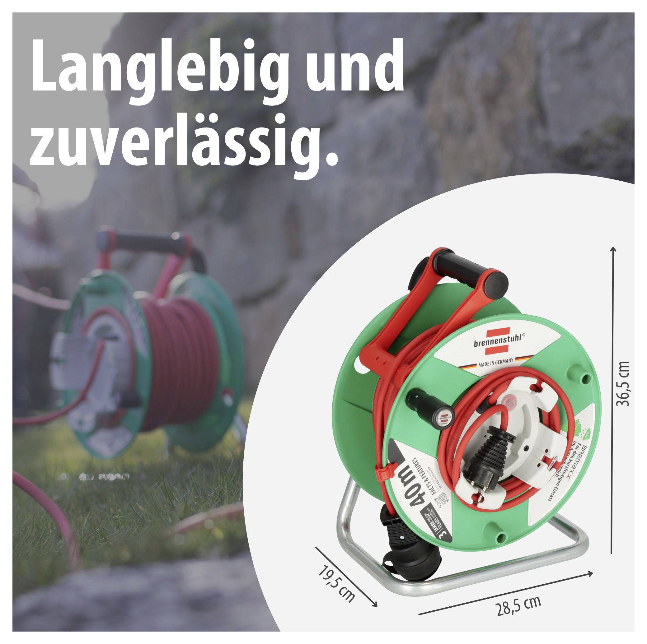 Werbeabbildung eines Kabelaufrollers; Text 'Langlebig und zuverlässig.' und Produkt mit Maßangaben 19,5 cm, 28,5 cm, 36,5 cm.