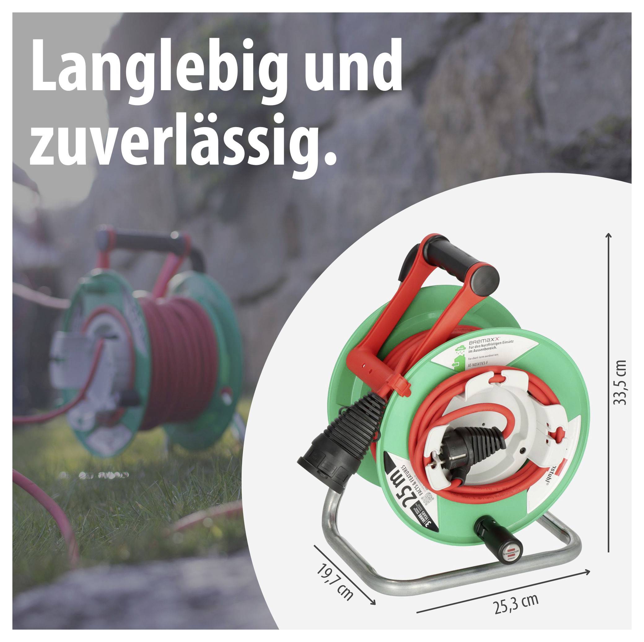 Werbetext mit Schlauchwagen: 'Langlebig und zuverlässig.', daneben Produktfoto eines Gartenschlauchhalters mit Maßangaben 19,7 cm, 25,3 cm und 33,5 cm.