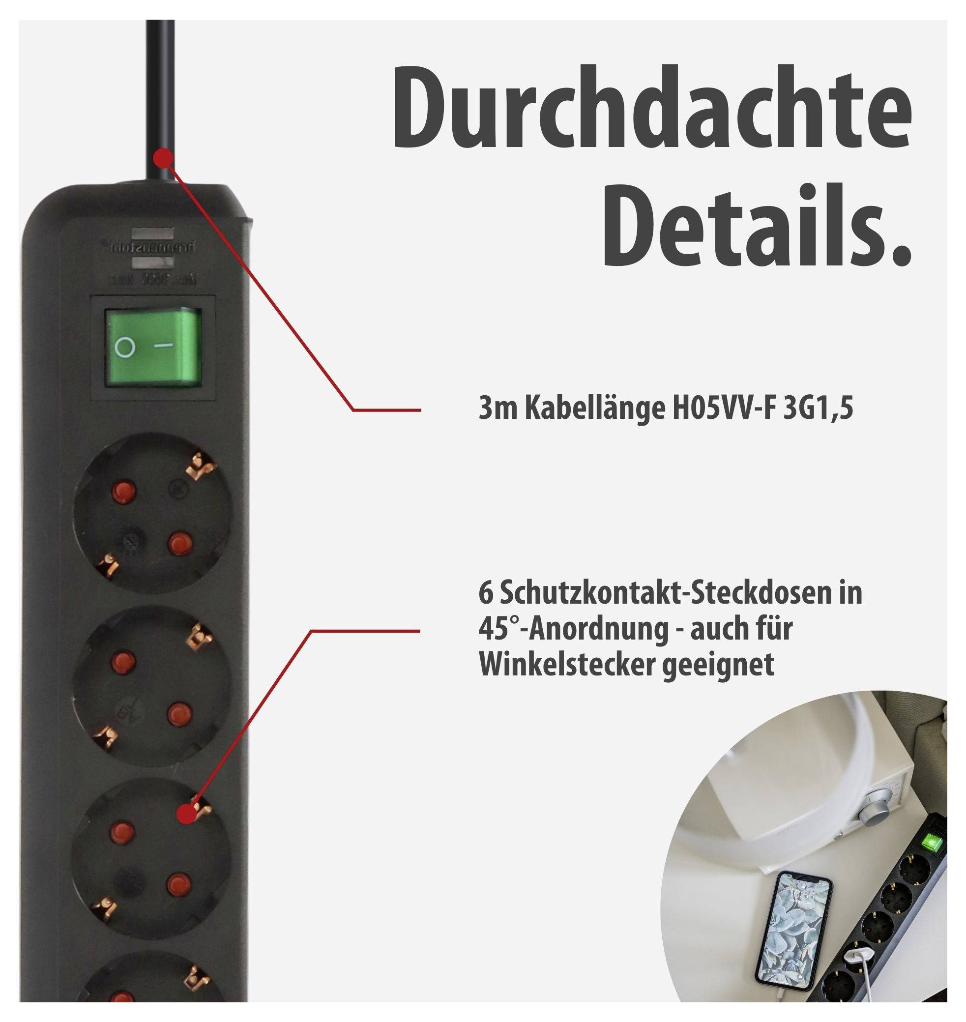 Steckdosenleiste mit Schalter; Text bewirbt 3 m H05VV-F 3G1,5 Kabel und 6 Schutzkontakt-Steckdosen in 45°-Anordnung für Winkelstecker.