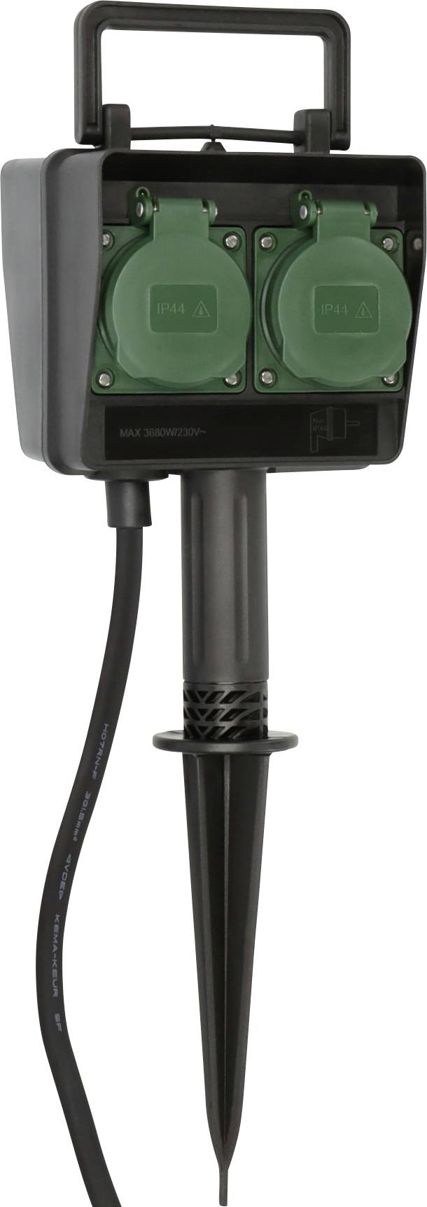 Tragbarer Doppelstecker-Außenelektrische Steckdosenbox auf einem Erdspieß mit oberer Griffleiste und angebrachtem Stromkabel.