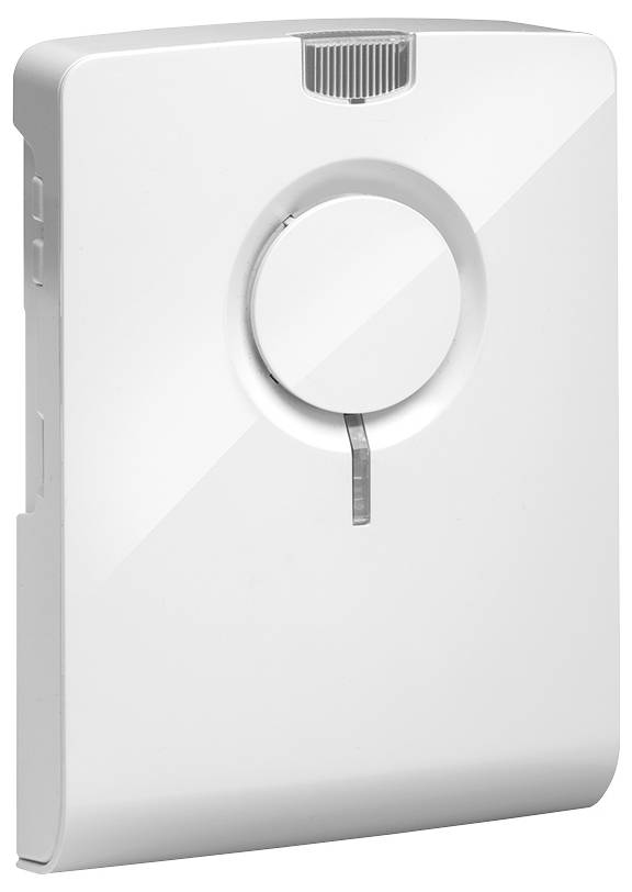 Weißes wandmontiertes Thermostat mit großem kreisförmigem Drehregler und kleiner Lüftungsöffnung oben, dargestellt vor einem schlichten Hintergrund.