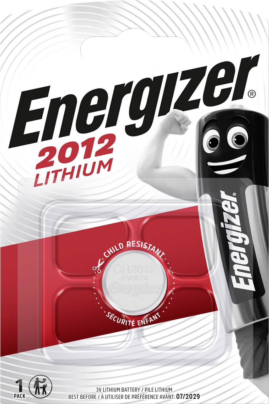 Energizer Lithium 2012 Batterie, kindersicher, 1 Packung. Verfallsdatum: 07/2029. Verpackung mit Energiemerkmalen und Maskottchen.