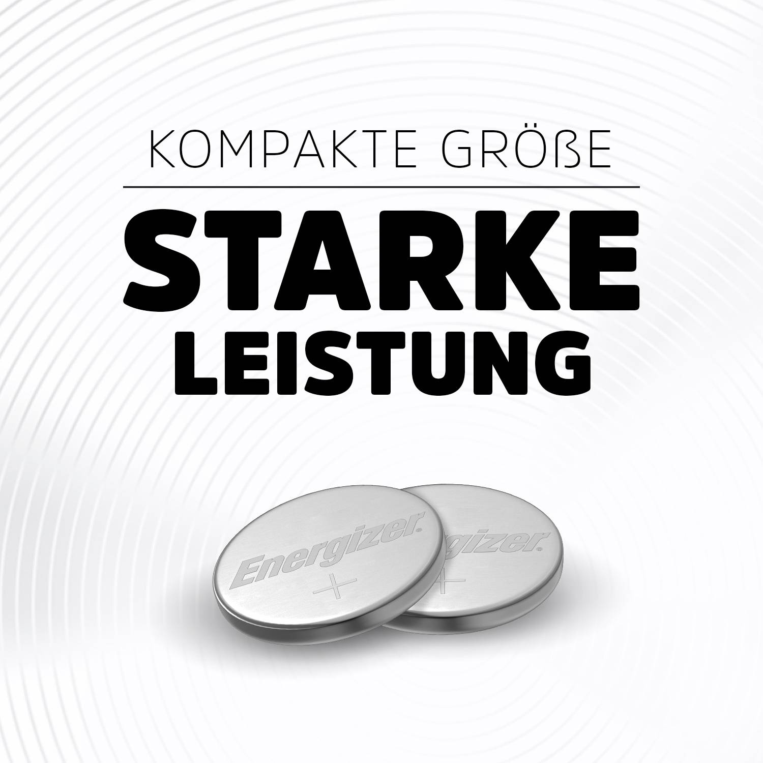 Zwei silberne Knopfzellen unter dem Text 'Kompakte Größe Starke Leistung', auf weißem Hintergrund mit kreisförmigen Mustern.