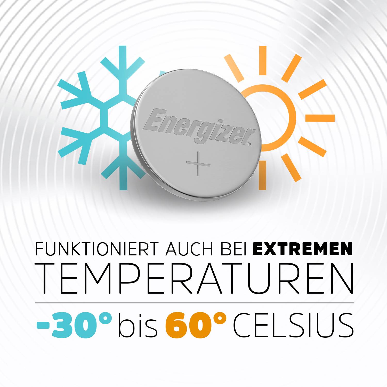 Runde Batterie vor Schnee- und Sonnensymbol. Text: Funktioniert auch bei extremen Temperaturen -30 bis 60 Grad Celsius.