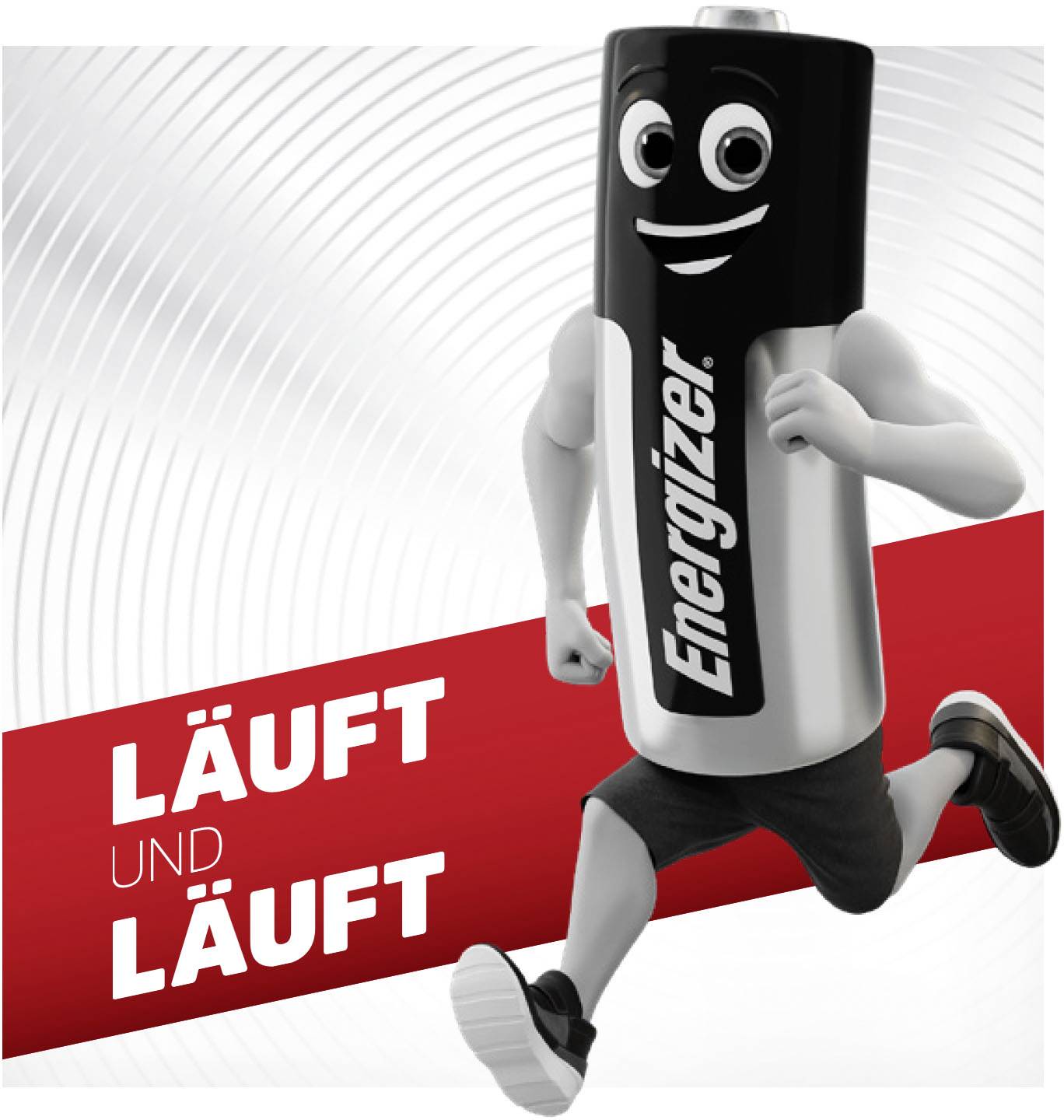 Läufer mit einem Batteriekostüm und der Aufschrift 'Energizer', daneben der Text 'läuft und läuft' auf rotem Hintergrund.