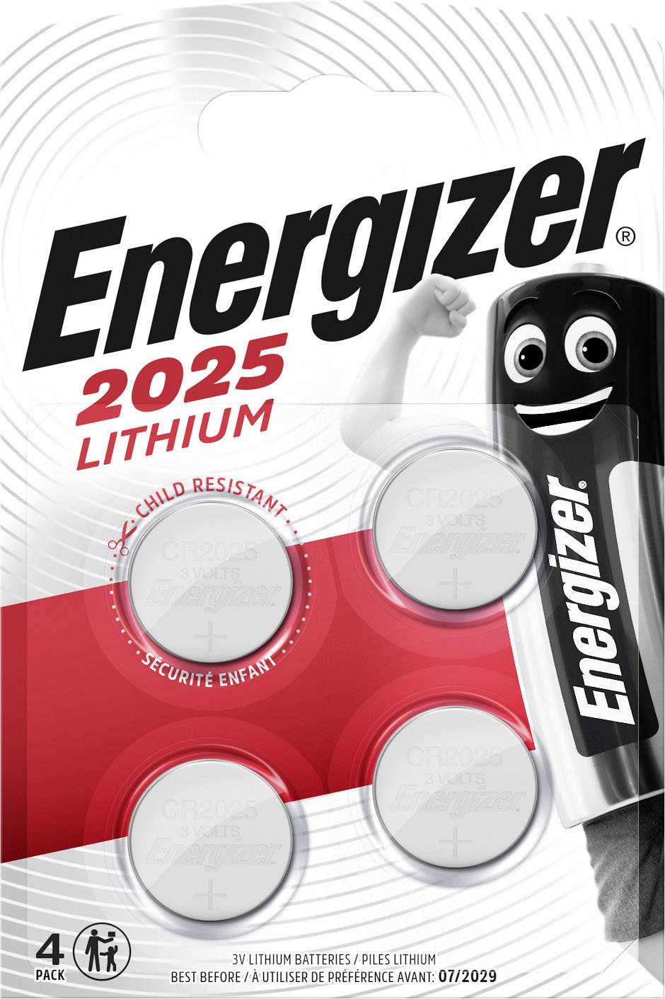Verpackung von Energizer 2025 Lithium-Knopfbatterien, 4er-Pack. 'Sicherheit für Kinder' wird betont.