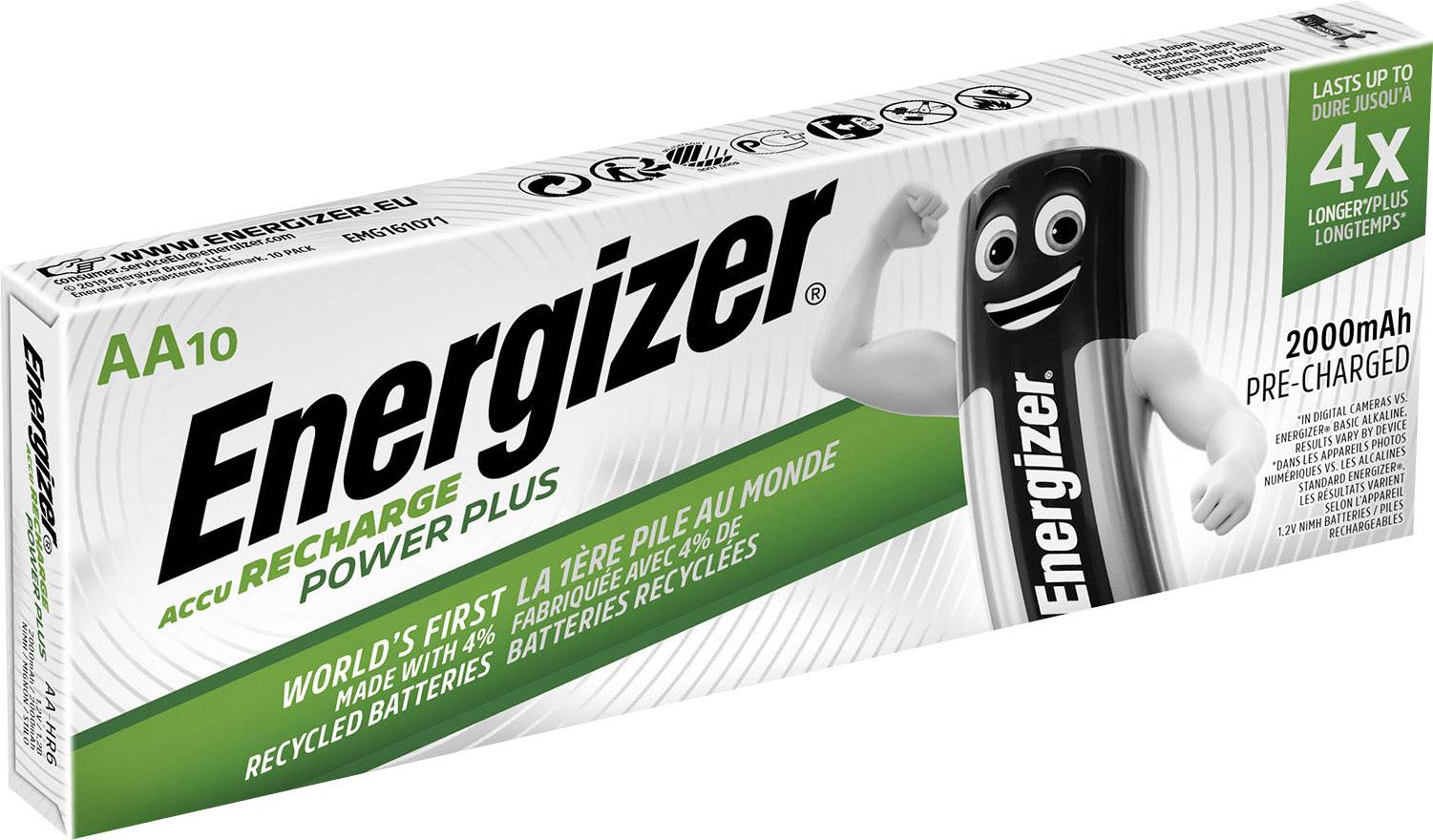 Energizer AA10 Recharge Battery-Packung. Hervorhebungen: 'World's First Made with Recycled Batteries', 2000mAh, 4x längere Lebensdauer.