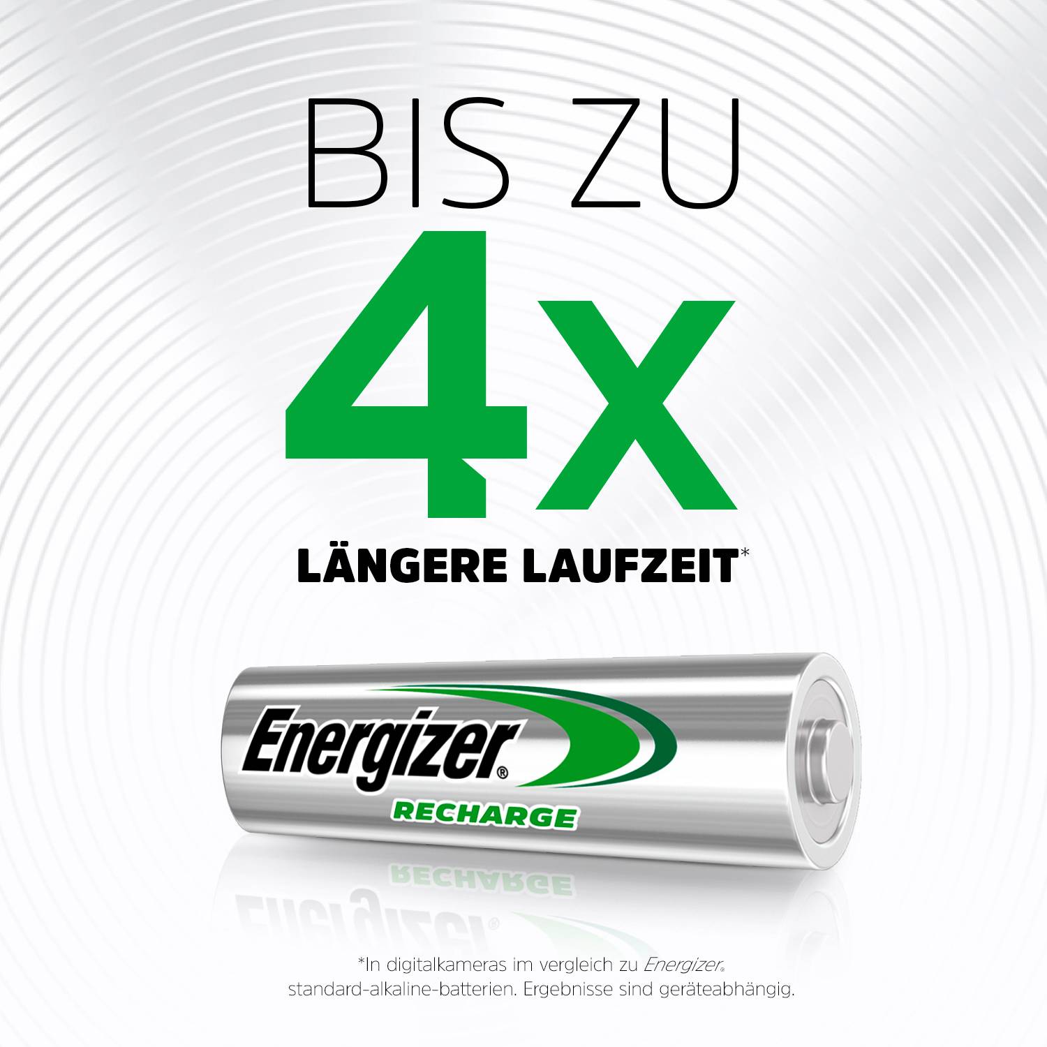 'Bis zu 4x längere Laufzeit' steht oben. Darunter ist eine Batterie mit 'Energizer Recharge' beschriftet. Im Hintergrund ist ein wirbelndes Muster.
