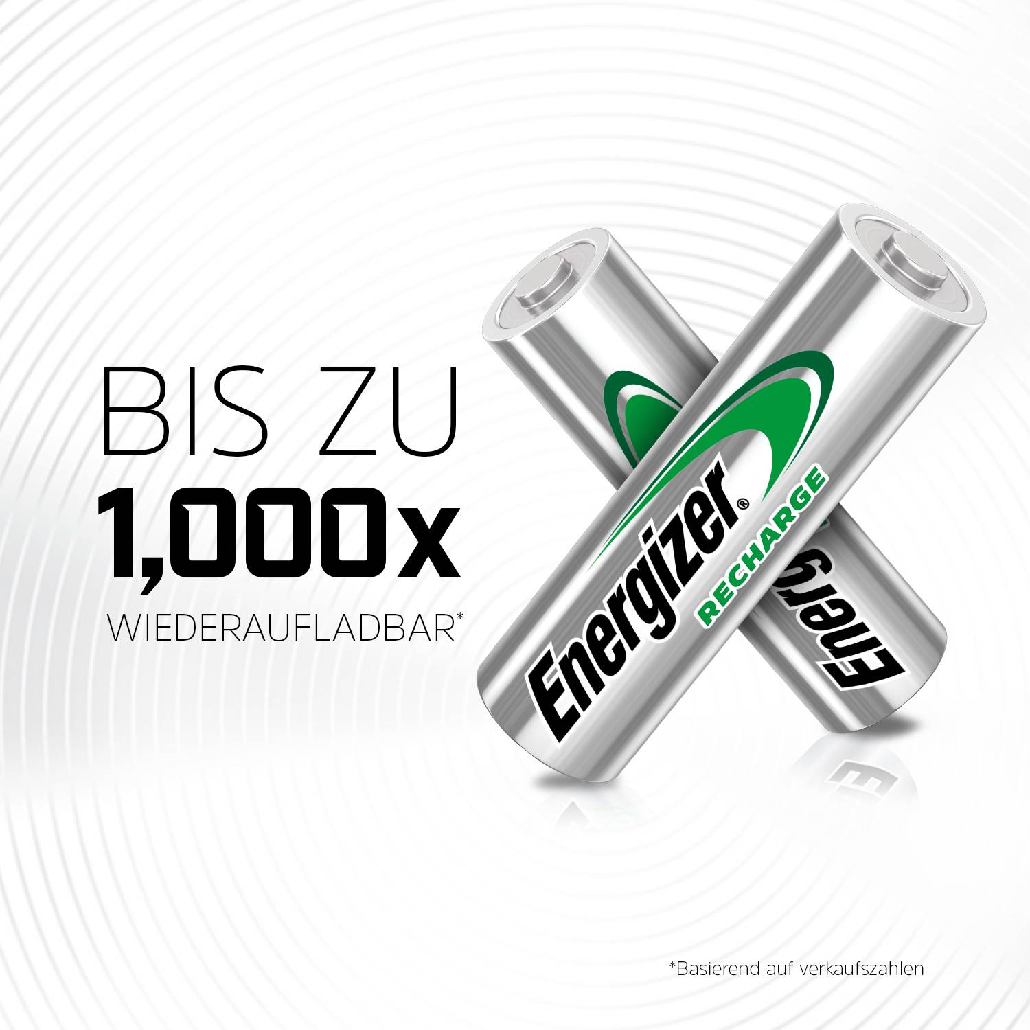 Zwei Energizer-Batterien mit dem Text 'Bis zu 1.000x wiederaufladbar', darauf hinweisend, dass diese Batterien viele Ladezyklen haben.