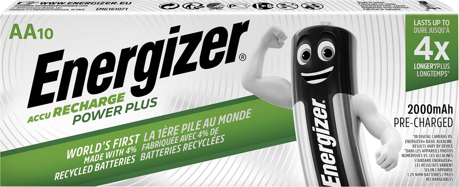 Energizer AA10 Akkus mit 2000mAh, weltweit erste mit 4% recycelten Batterien. Hält bis zu 4x länger. Verpackung zeigt lächelnde Batteriefigur.
