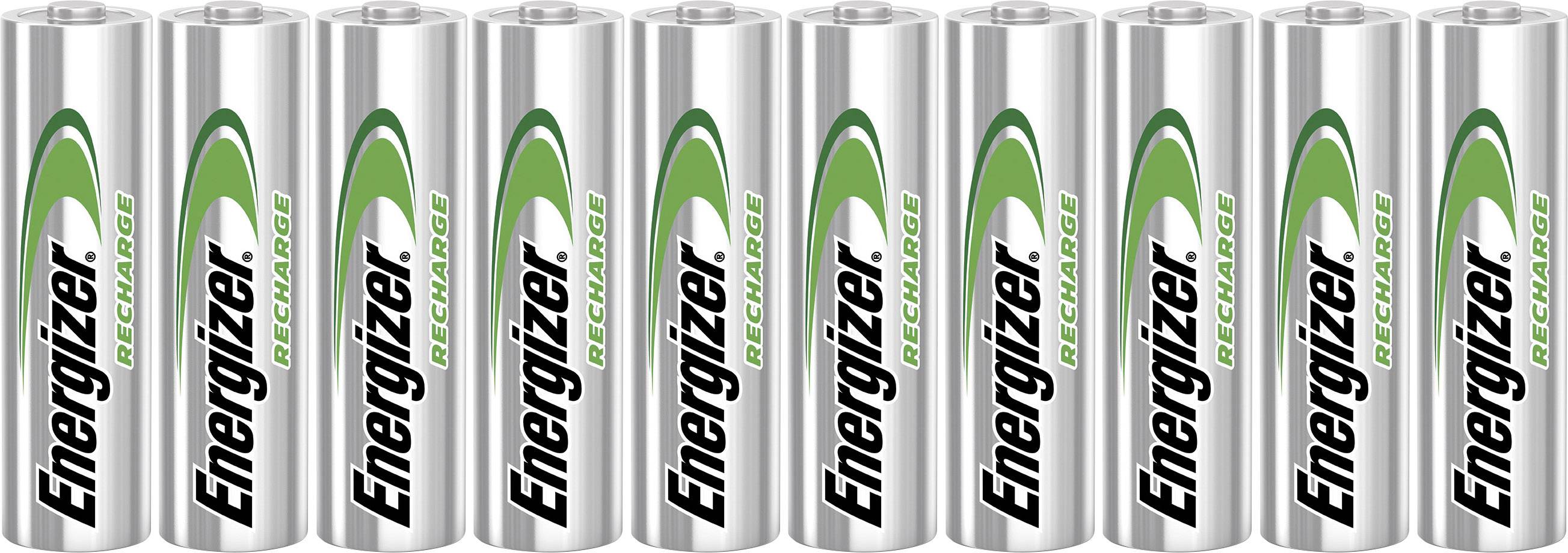 Zehn wiederaufladbare Batterien der Marke Energizer in einer Reihe.
