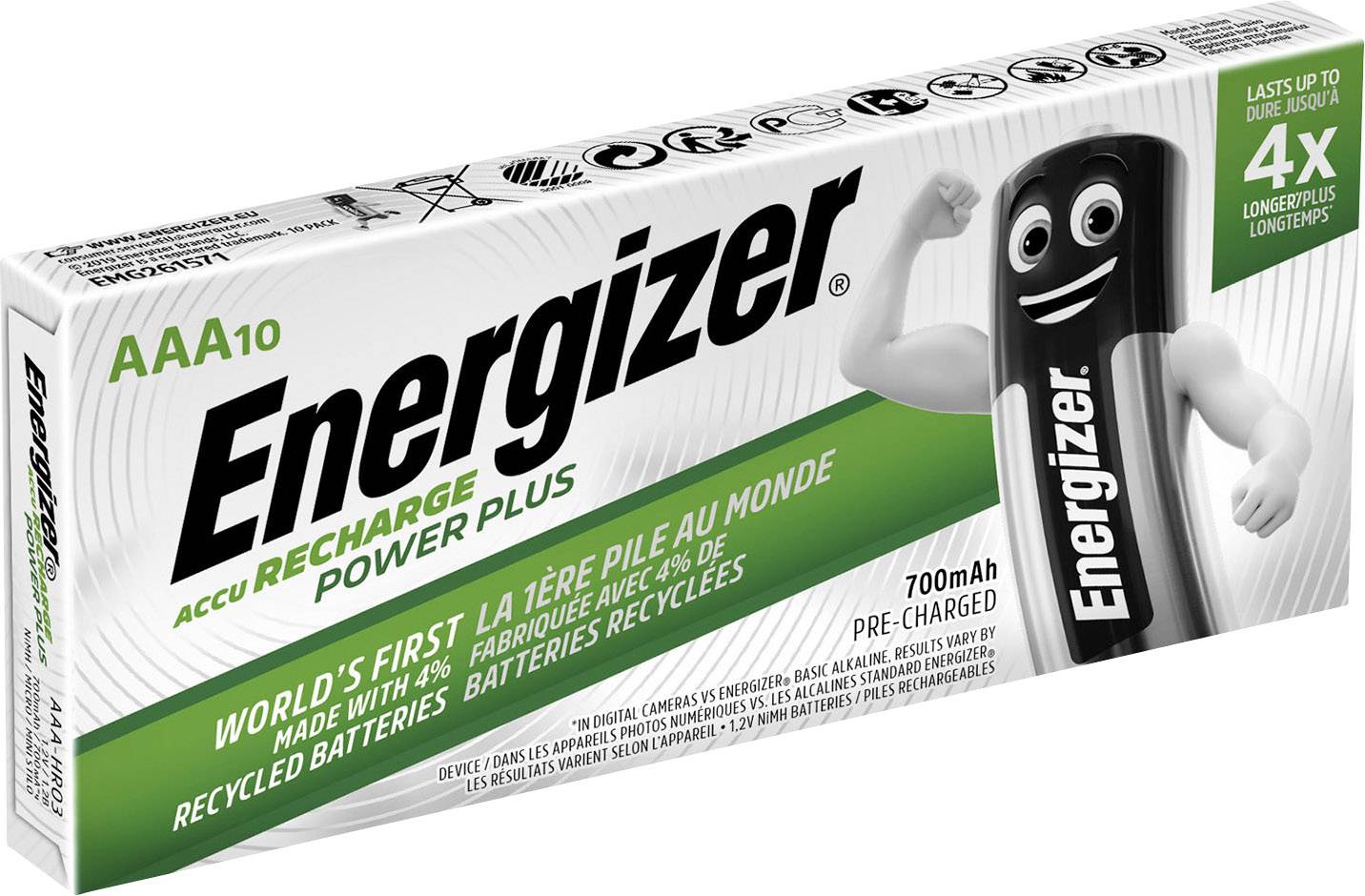 Energizer-Batteriepackung mit der Aufschrift 'Weltweit erste Batterie aus recycelten Batterien'. Model: AAA, vorgeladen, 700mAh.