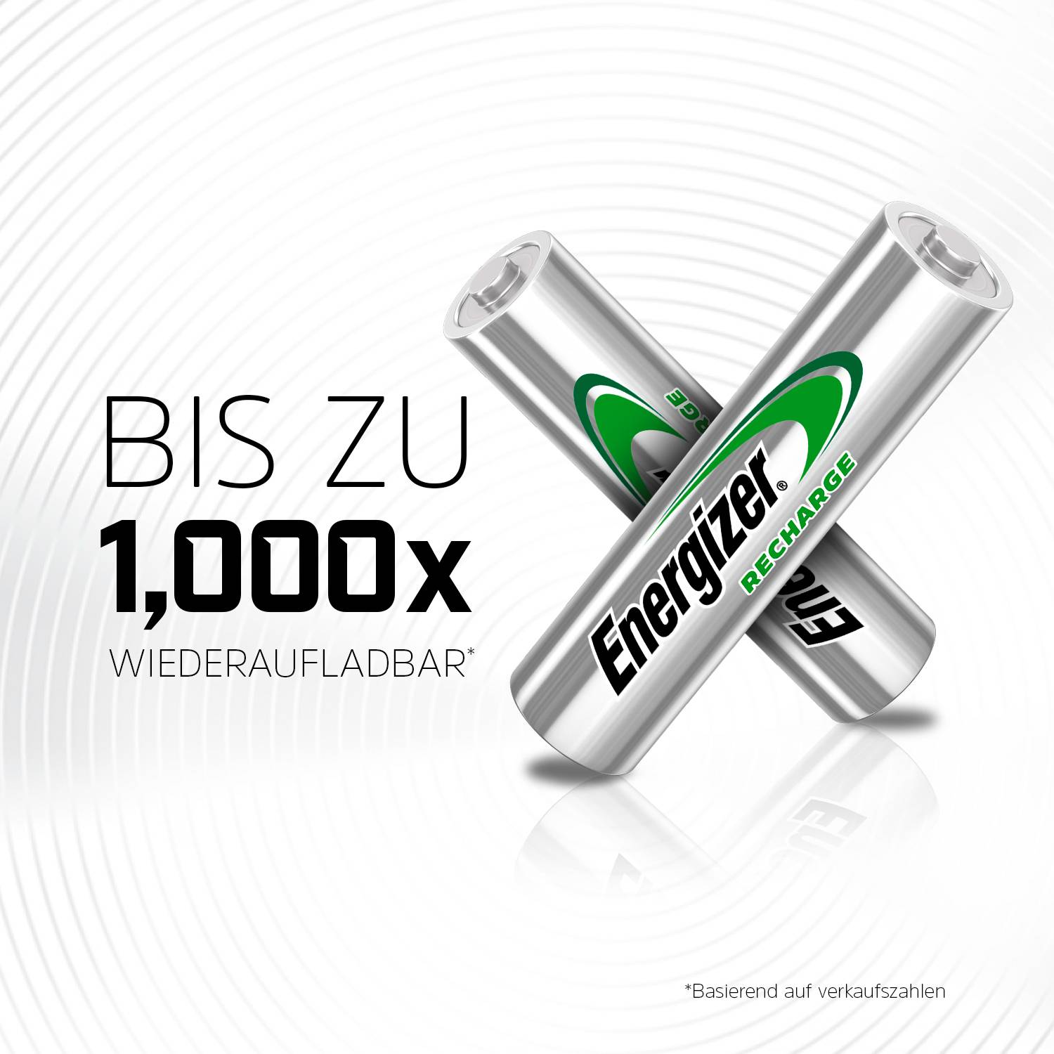 Zwei Energizer-Akkus überschneiden sich. Text: Bis zu 1.000x wiederaufladbar. *Basierend auf Verkaufszahlen.