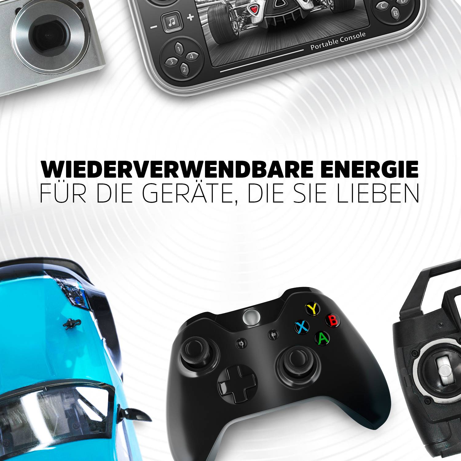 Wiederaufladbare Batterien liegen neben Kamera, Spielekonsole und Fernbedienung. Text: 'Wiederverwendbare Energie für die Geräte, die Sie lieben'.