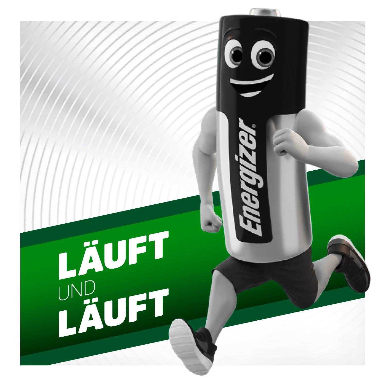 Eine cartoonartige Batterie mit Gesicht und Gliedmaßen läuft fröhlich. Rechts ein grüner Hintergrund mit dem Text 'Läuft und läuft'.