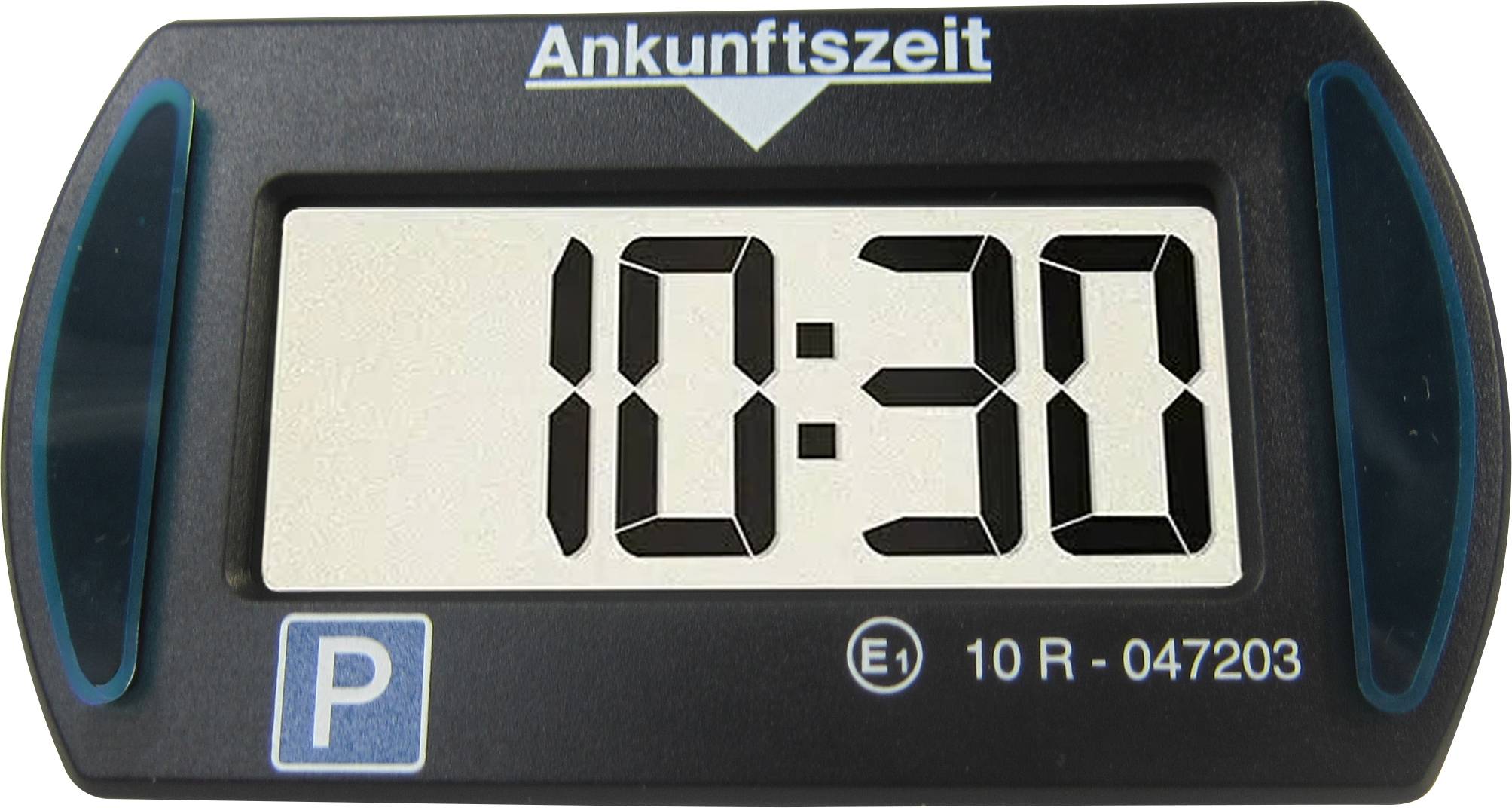 Nahaufnahme einer digitalen Parkscheibe, die die Ankunftszeit 