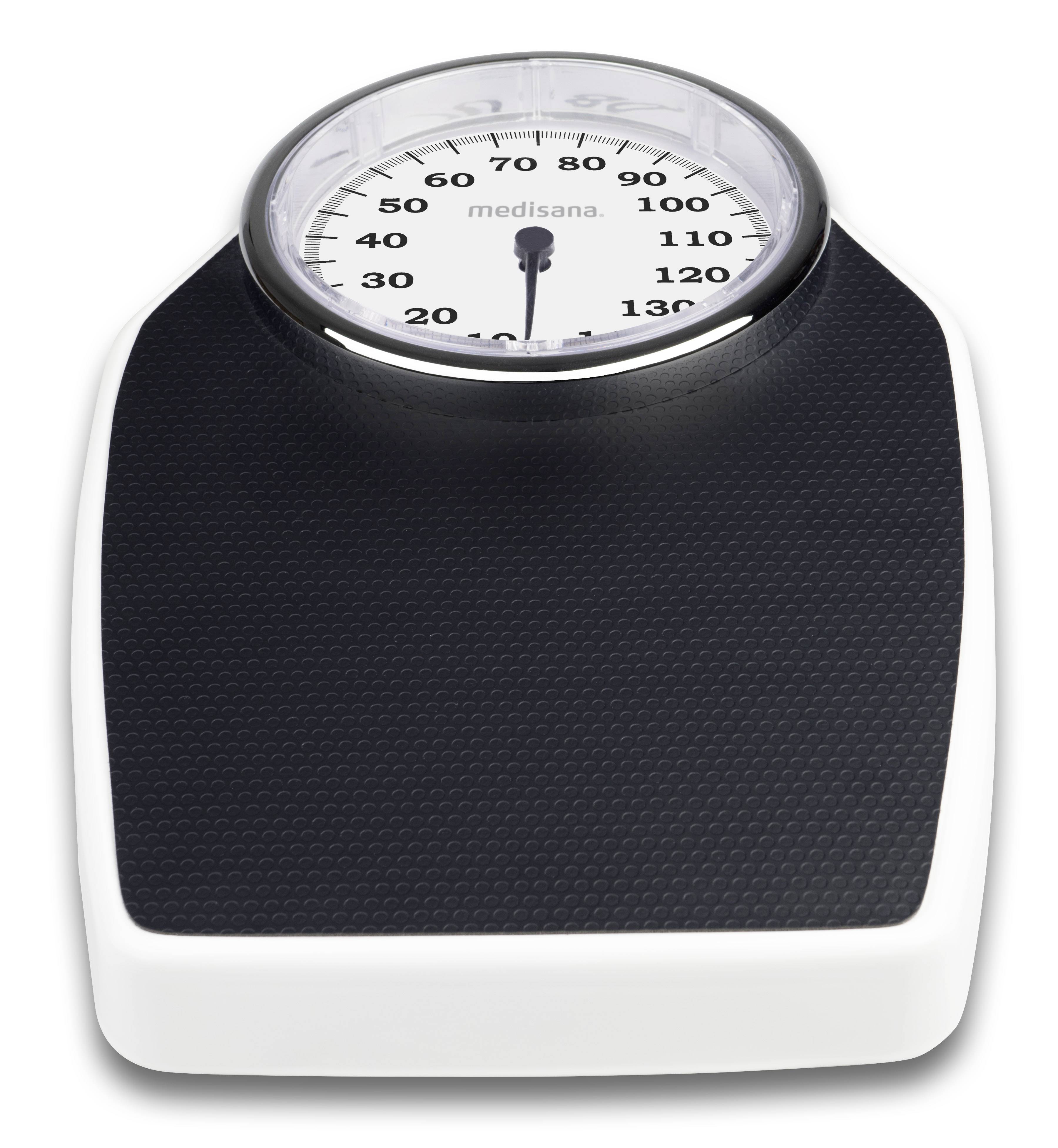 Eine analoge Personenwaage mit runder Anzeige, die das Gewicht in Kilogramm von 0 bis 130 kg anzeigt.