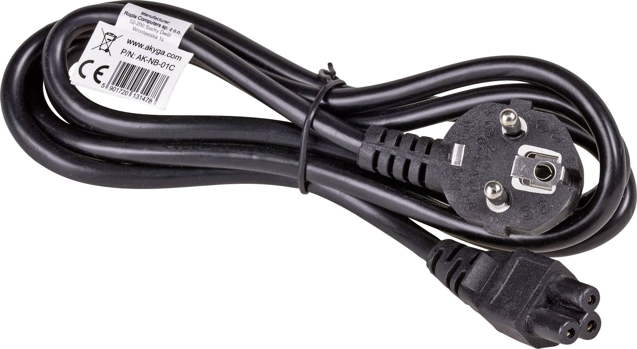 Schwarzes Stromkabel mit Schuko-Stecker und Kaltgerätebuchse, geeignet für Elektrogeräte in Europa.