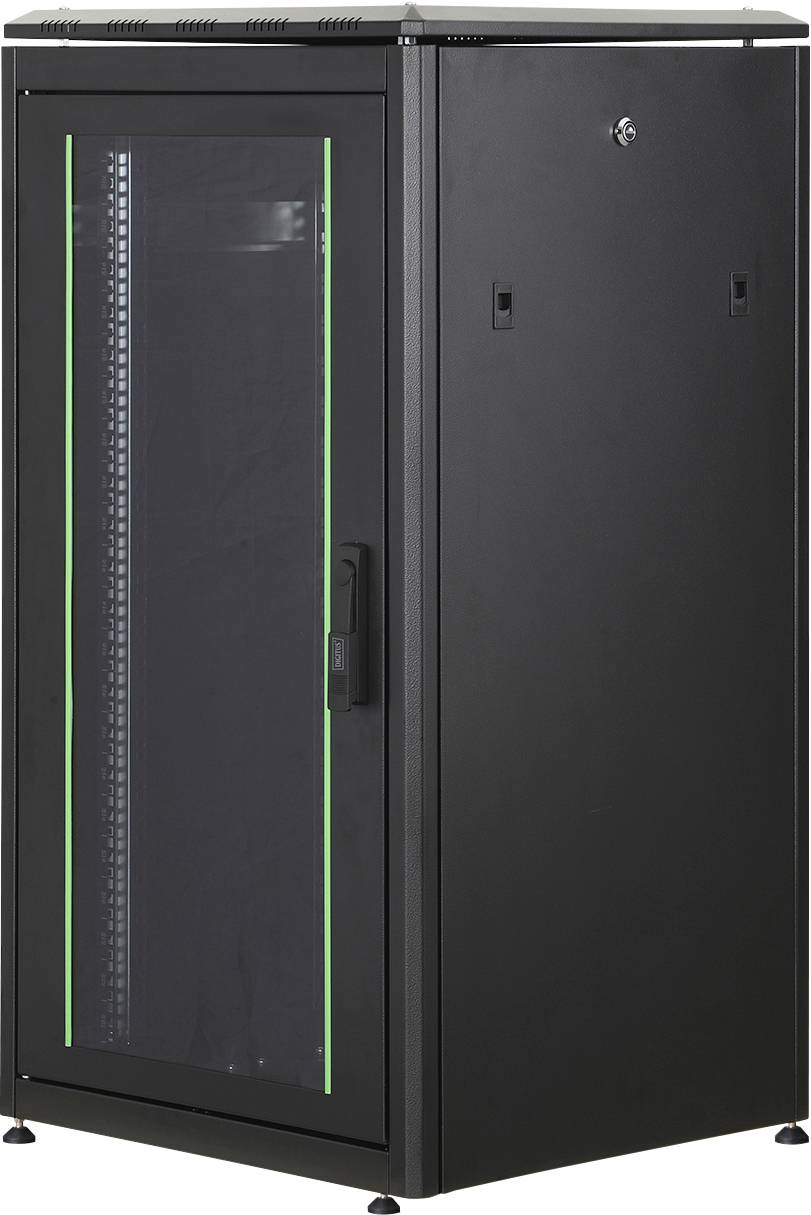 Schwarzer Server-Rack-Schrank mit Glastür, grün beleuchtet, seitliche Luftschlitze, für IT- oder Netzwerkausrüstung.