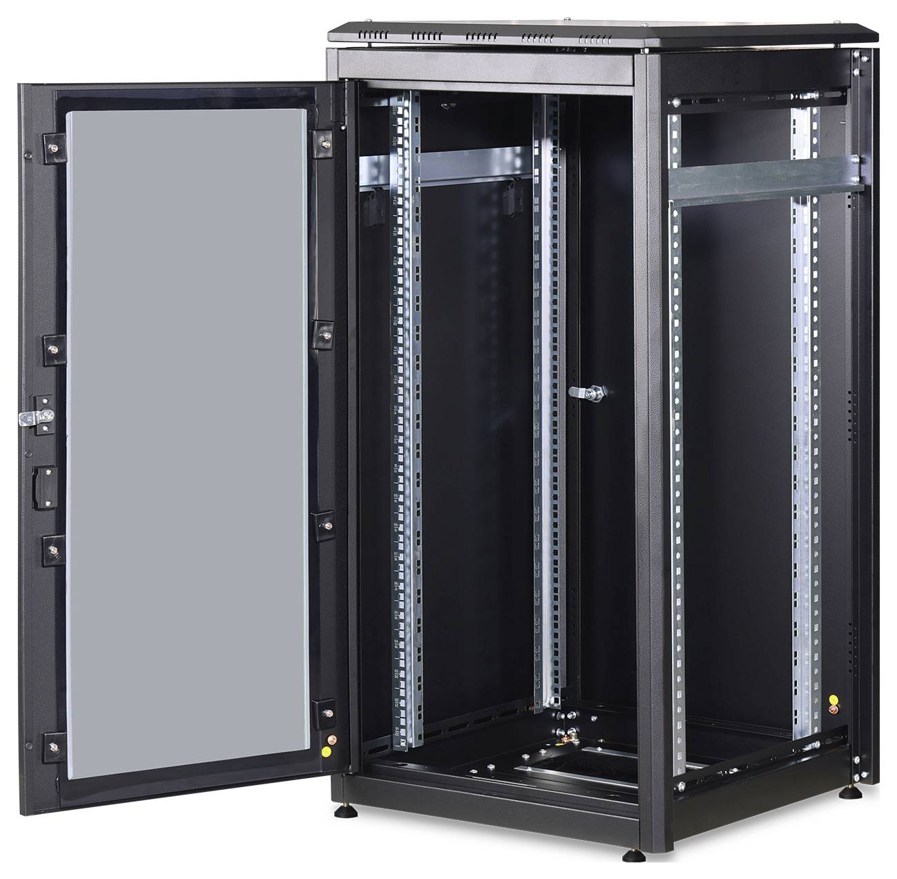 Serverschrank mit geöffneter Glastür, zeigt Innenstruktur und Montagerahmen. Geeignet für IT-Geräte und Verkabelung.