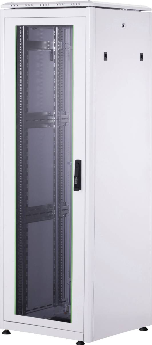 Ein grauer Server-Rackschrank mit Glastür, leerer Innenraum, geeignet für die Aufbewahrung von IT-Ausrüstung und Netzwerkgeräten.