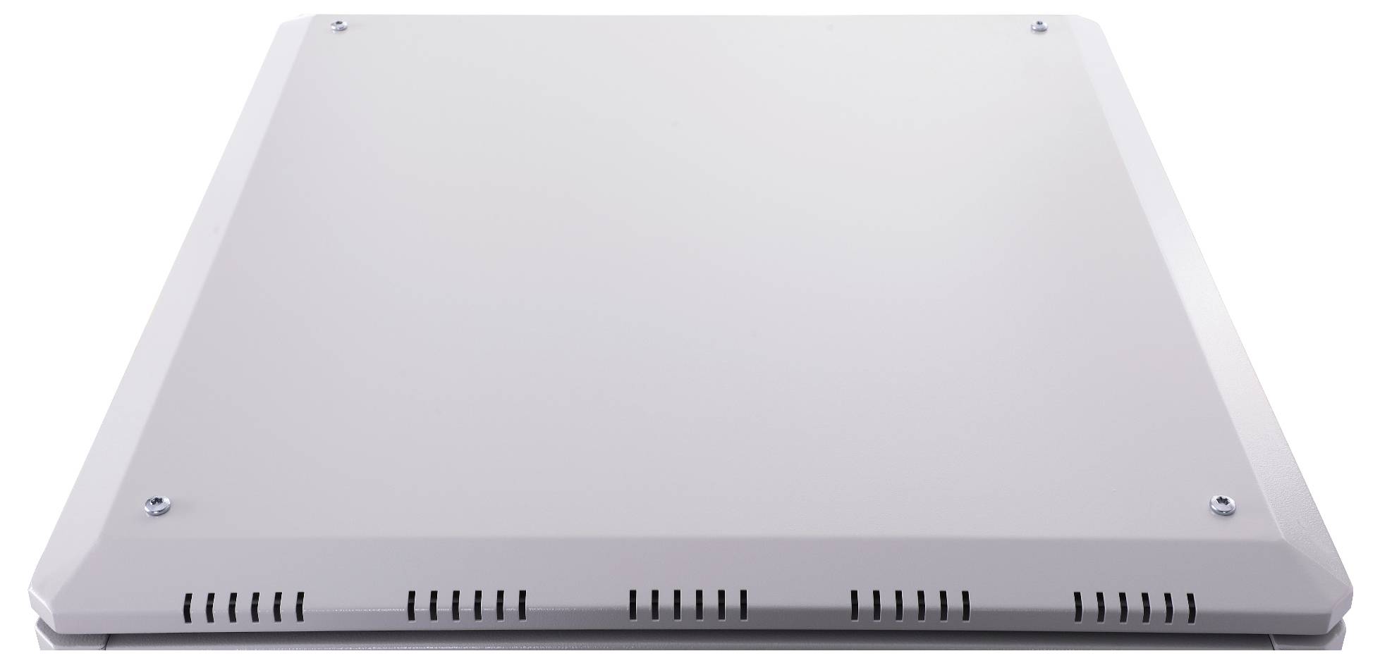 Ein quadratisches, graues Gehäuse mit sichtbaren Schrauben an den Ecken und Lüftungsschlitzen an den Seiten.