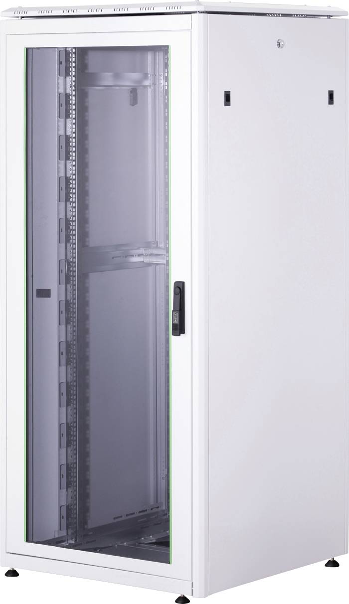 Ein weißer Server-Rack-Schrank mit Glastür, geeignet zur Unterbringung von IT-Ausrüstung.