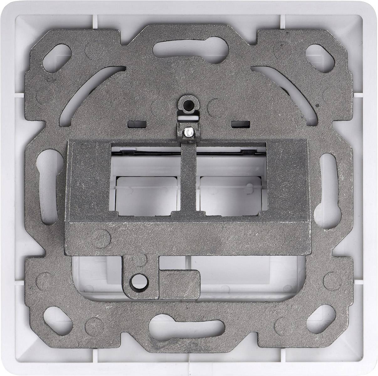 Quadratische Metallhalterung, vermutlich für einen elektrischen Schalter, montiert in einem weißen Kunststoffrahmen.