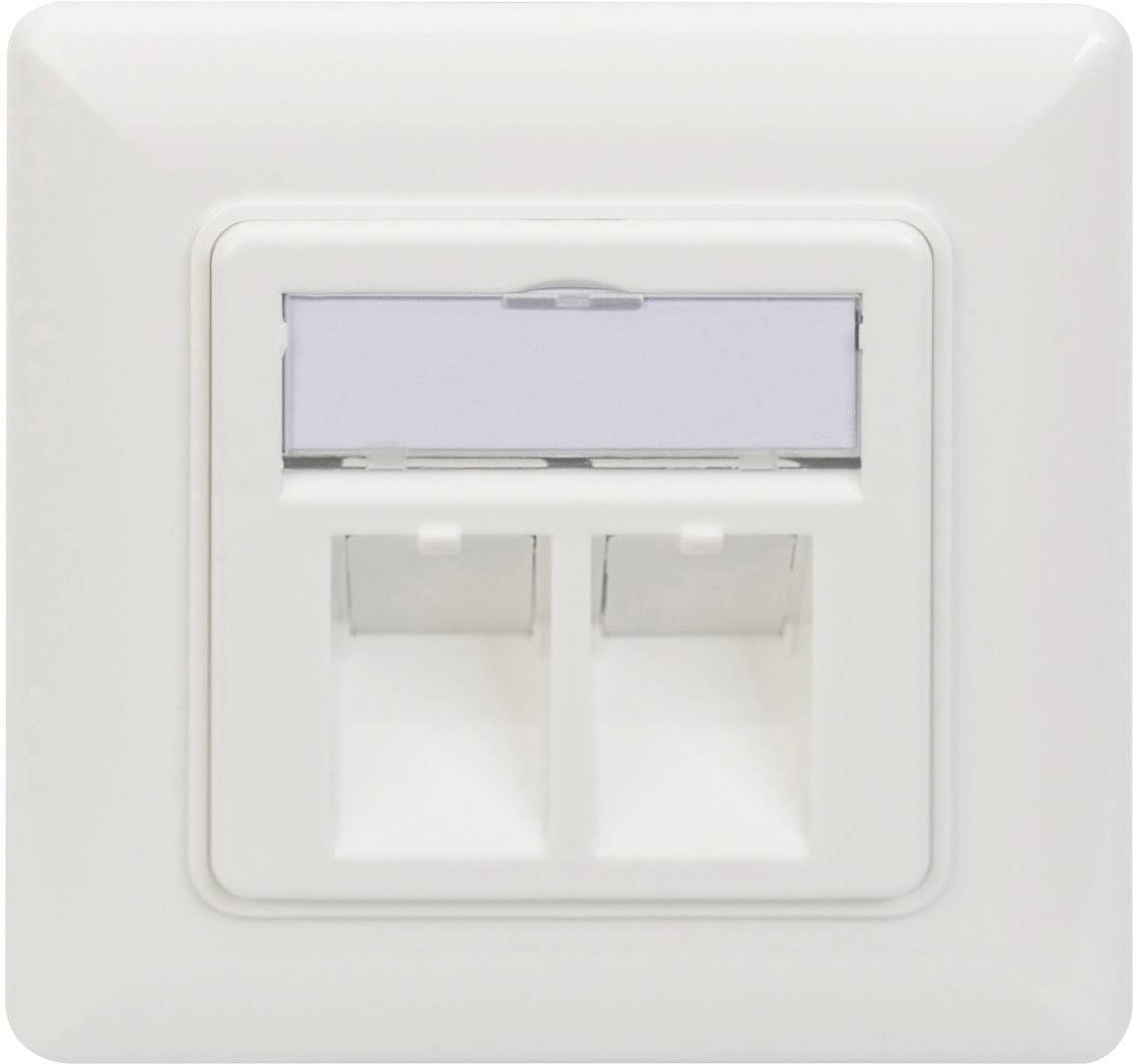 Zweifach-Netzwerkdose in weißem Kunststoff mit Platz für zwei RJ45-Anschlüsse, die für Netzwerkverbindungen genutzt wird.